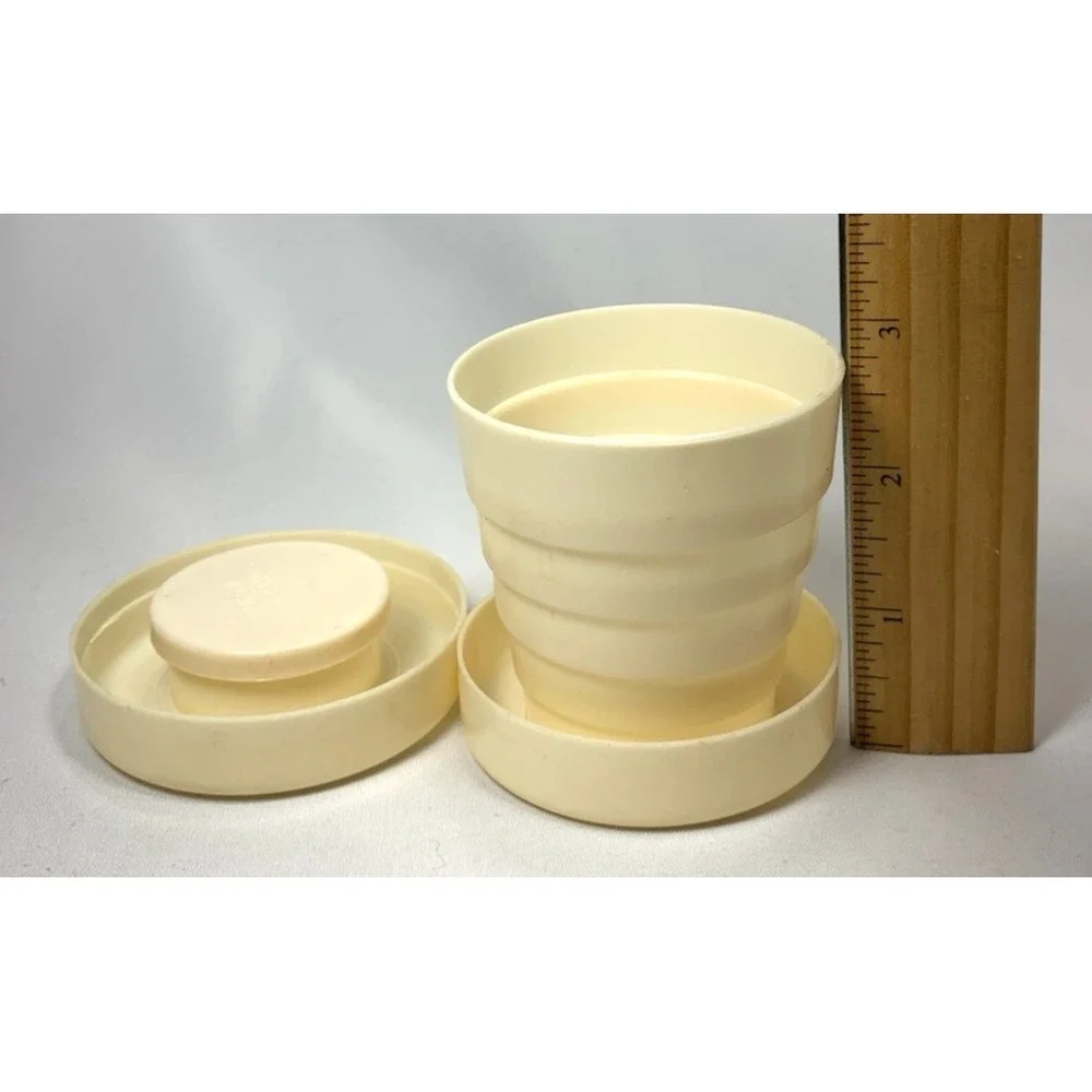 Folding Drinking Cup Vintage Ivory Plastic‎ Telescoping Travel Pill Compartment